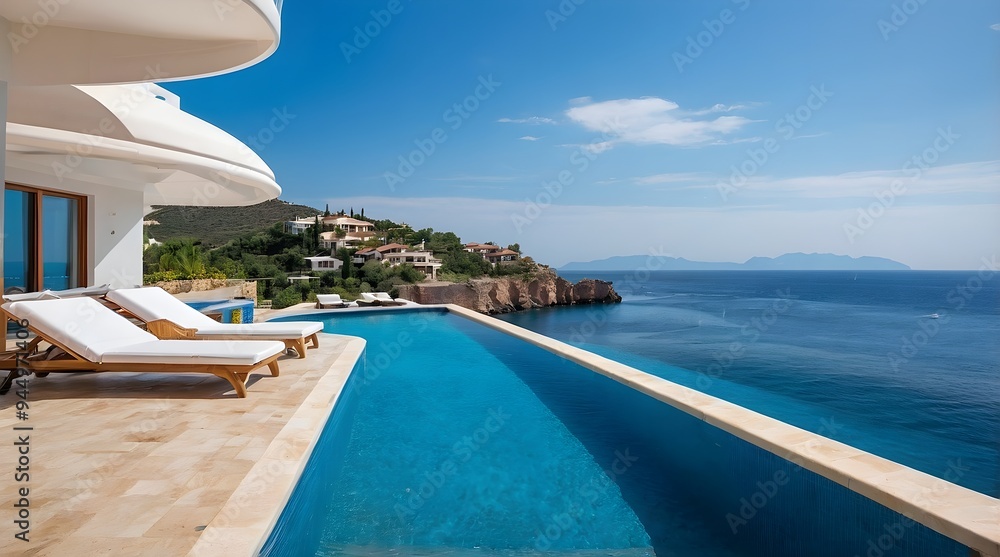 Fototapeta premium AI-Generated image of: Terrace in villa with sunbeds and swimming pool with clear blue water with stunning sea view and sky. Summer resort hotel vacation concept.