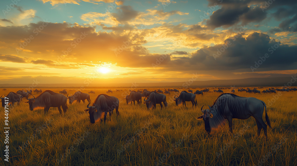 Wide-Angle Side View of Wildebeests at Golden Hour, Showcasing Their Natural Behavior and Expansive Habitat in Rich, Warm Light Wide-Angle Side View of Wildebeests at Golden Hour, Showcasing Their Natural Behavior and Expansive Habitat in Rich, Warm Light