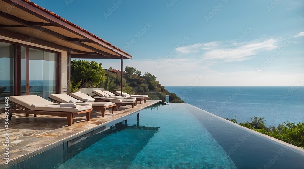 Obraz premium AI-Generated image of: Terrace in villa with sunbeds and swimming pool with clear blue water with stunning sea view and sky. Summer resort hotel vacation concept.