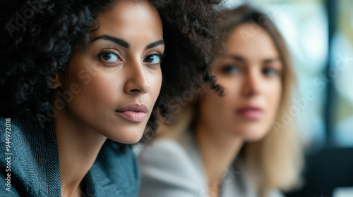 Close-up of two women in a meeting, their expressions showing concentration and