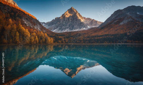 A mountain peak reflects in a still lake, surrounded by autumnal forests in the early morning light