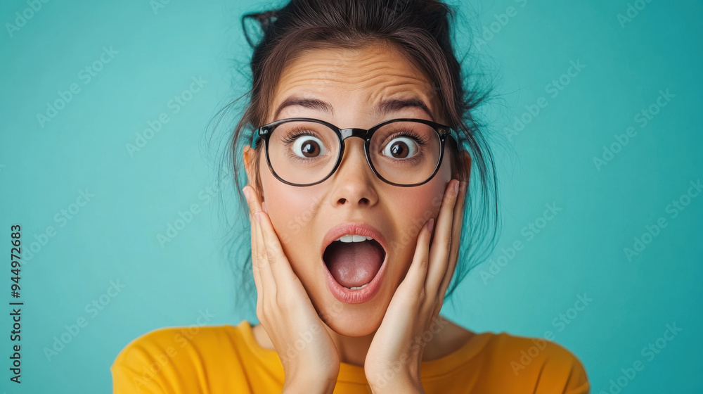 A young woman wearing glasses, expressing surprise with her hands on her face and wide eyes, set against a teal background. A young woman wearing glasses, expressing surprise with her hands on her face and wide eyes, set against a teal background.