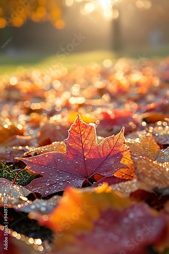 A close-up shot of dew-covered autumn leaves lying on the ground, with the sunlight filtering through and highlighting the rich colors of the season