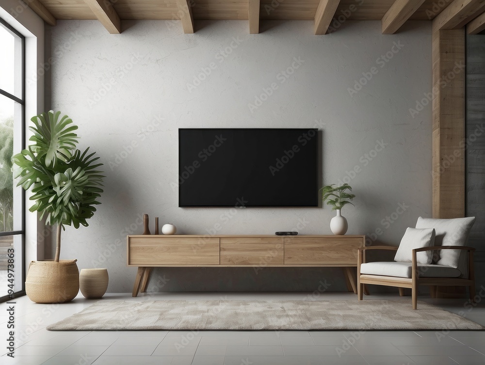 Modern Living Room with TV, Furniture, and Plants Modern Living Room with TV, Furniture, and Plants