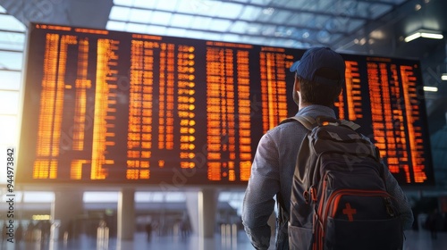 tourist at the airport looks at the scoreboard  photo