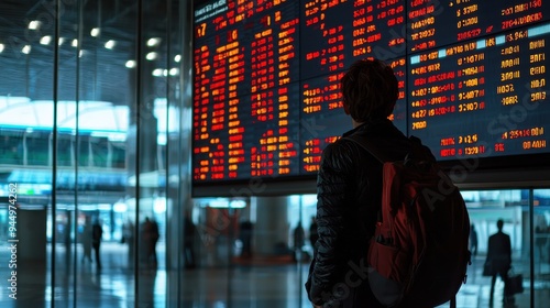 tourist at the airport looks at the scoreboard  photo