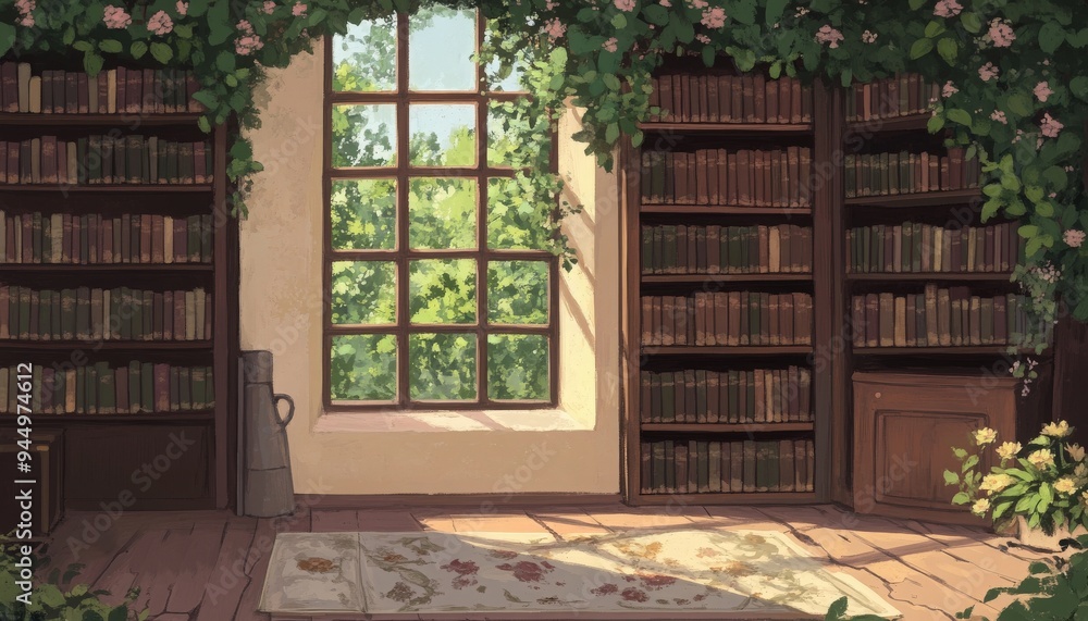 A serene library scene with wooden shelves, vibrant greenery, and a sunlit window, inviting tranquility and contemplation. A serene library scene with wooden shelves, vibrant greenery, and a sunlit window, inviting tranquility and contemplation.