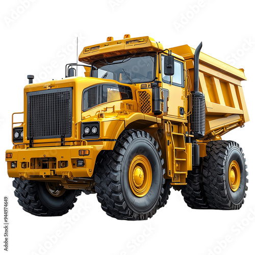 Massive yellow dump truck with rugged tires, isolated on transparent background. 