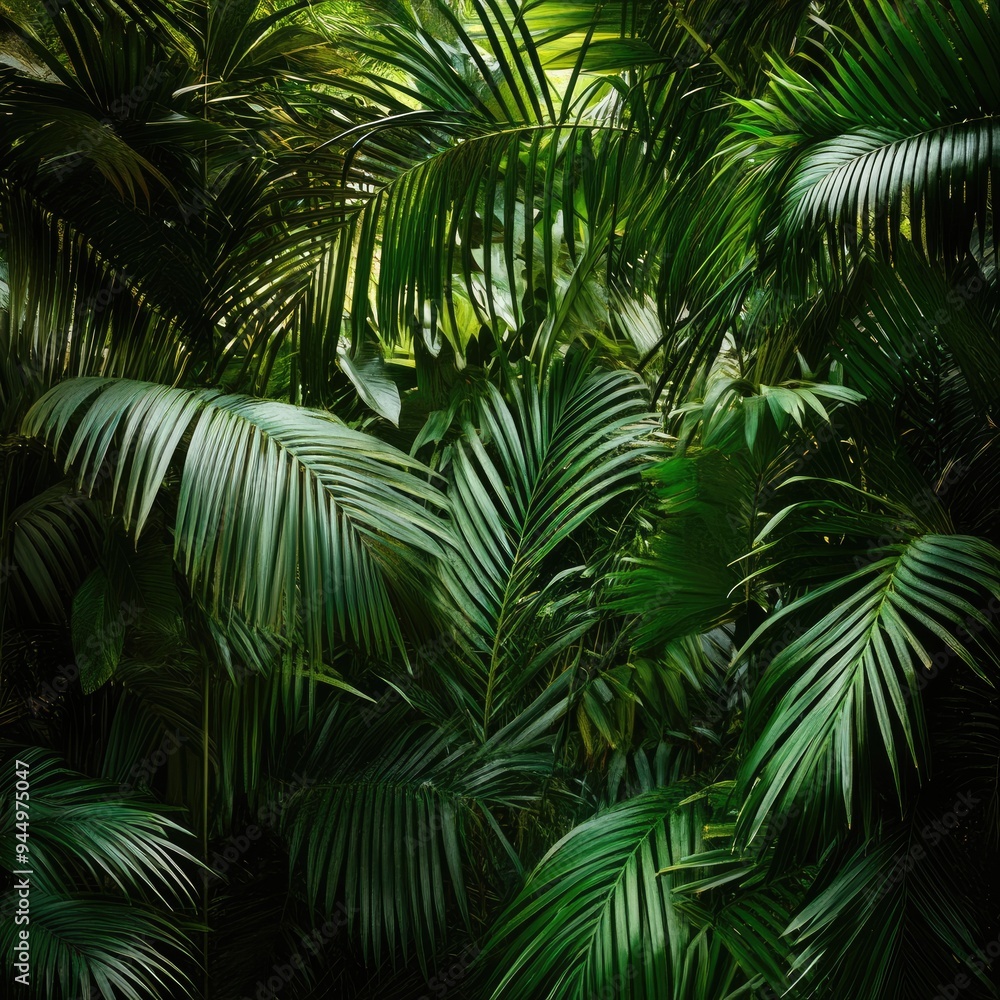 Dense Jungle Backdrop with Lush Cascading Palm Leaves Dense Jungle Backdrop with Lush Cascading Palm Leaves