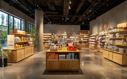 Contemporary Store Interior with Wooden Shelves and Modern Lighting