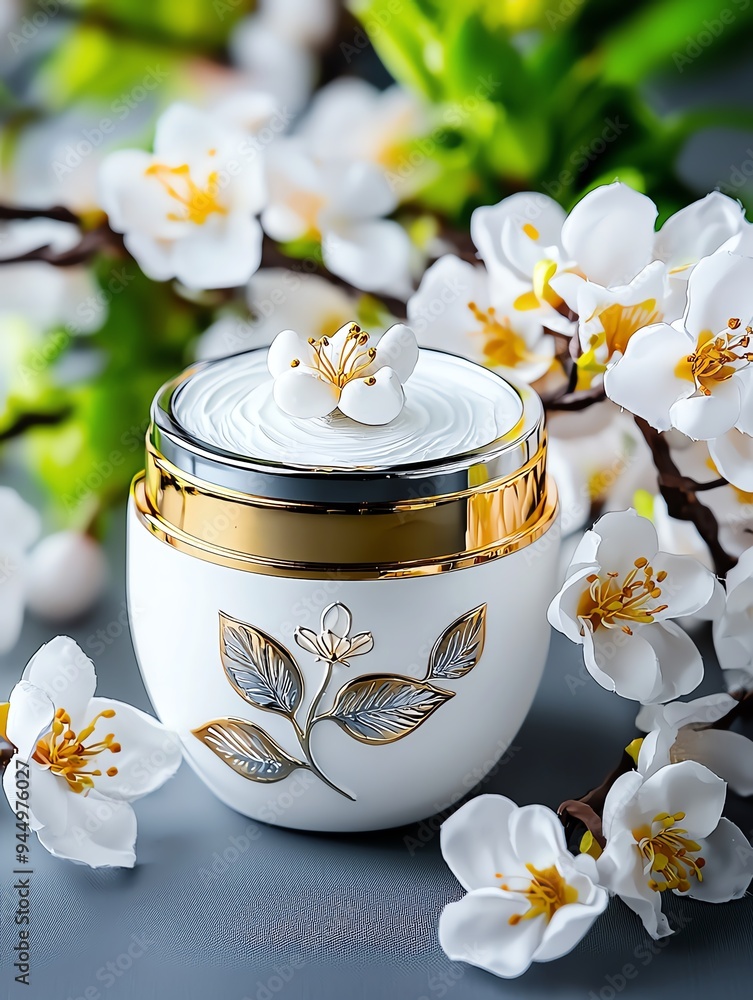 Elegant cosmetic cream jar surrounded by delicate flowers, perfect for beauty product advertisements and skincare promotions.