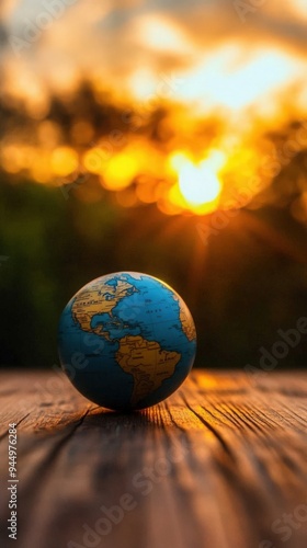 A stunning globe on a wooden surface, illuminated by a beautiful sunset. Nature and travel themes converge in this vibrant image.