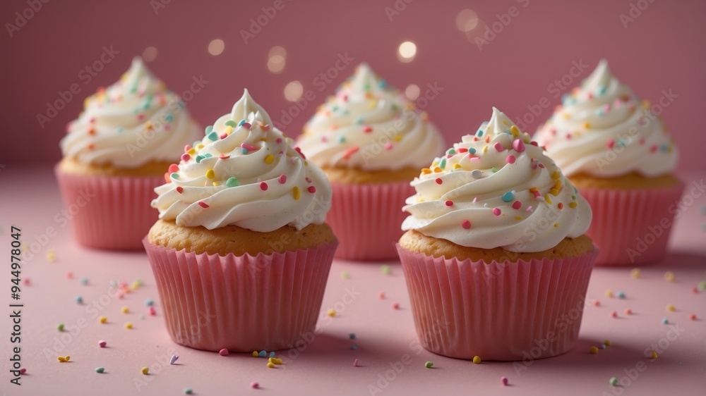 Cupcakes with white frosting and sprinkles on pink. Cupcakes with white frosting and sprinkles on pink.