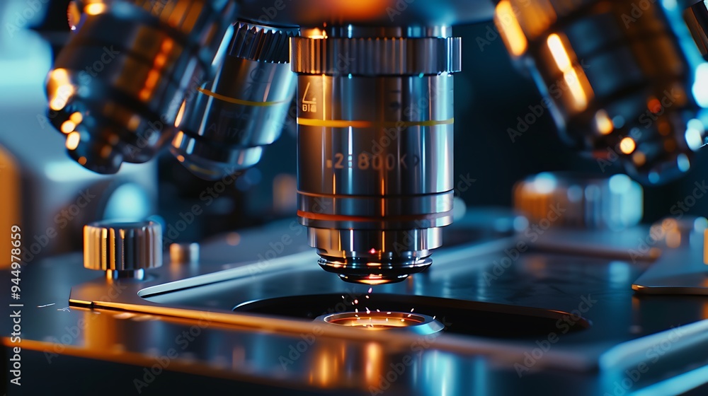 Detailed view of a microscope's metal lens, emphasizing its optical components and scientific functionality, captured with clarity in high-definition Detailed view of a microscope's metal lens, emphasizing its optical components and scientific functionality, captured with clarity in high-definition