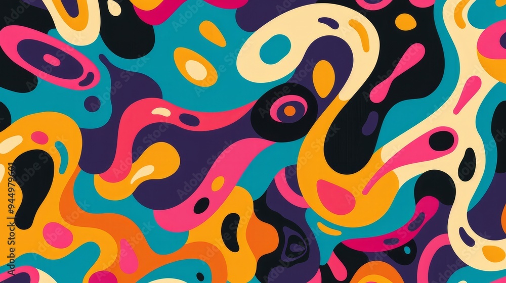 Bold and bright abstract paisley shapes intertwine in a fluid pattern, showcasing a retro style that exudes energy and a playful bohemian atmosphere Bold and bright abstract paisley shapes intertwine in a fluid pattern, showcasing a retro style that exudes energy and a playful bohemian atmosphere