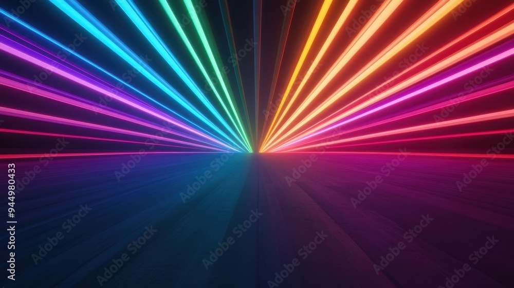 Dazzling light rays fanning out from a central source, rainbow colors, dramatic concert setting, vibrant and energetic Dazzling light rays fanning out from a central source, rainbow colors, dramatic concert setting, vibrant and energetic