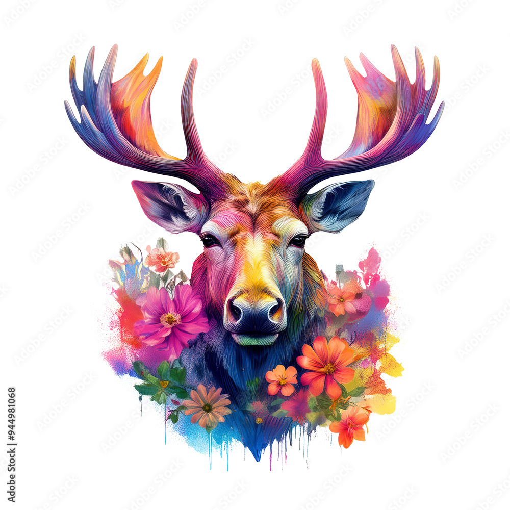 Fototapeta premium A vibrant, colorful moose with multicolored antlers surrounded by bright flowers, blending nature with artistic expression in a modern style, Wildlife Animals.