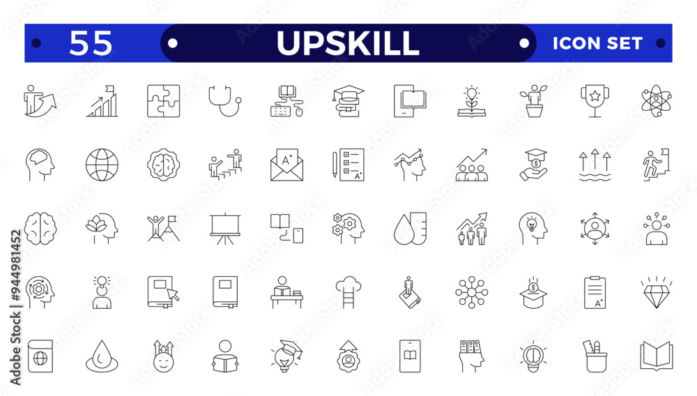 Set of Outline icons related to upskill, upskilling, personal growth, development, education, career. Outline icon collection. Set of Outline icons related to upskill, upskilling, personal growth, development, education, career. Outline icon collection.
