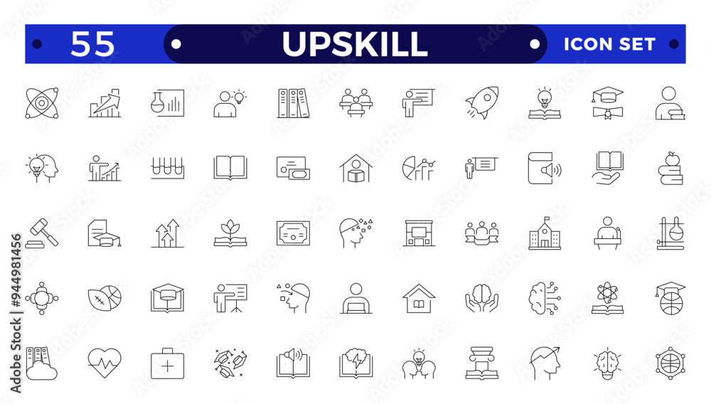 Set of Outline icons related to upskill, upskilling, personal growth, development, education, career. Outline icon collection. Set of Outline icons related to upskill, upskilling, personal growth, development, education, career. Outline icon collection.