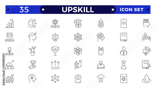 Set of Outline icons related to upskill, upskilling, personal growth, development, education, career. Outline icon collection.