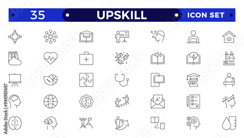 Set of Outline icons related to upskill, upskilling, personal growth, development, education, career. Outline icon collection.