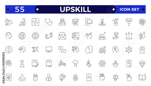 Set of Outline icons related to upskill, upskilling, personal growth, development, education, career. Outline icon collection.