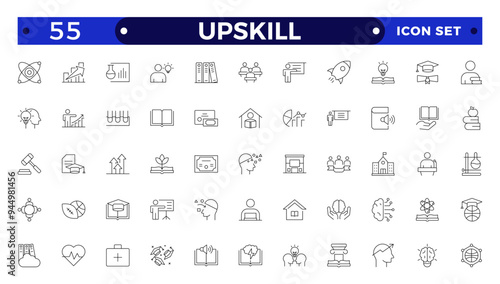 Set of Outline icons related to upskill, upskilling, personal growth, development, education, career. Outline icon collection.