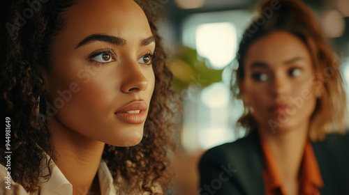 Detailed view of two women in a business discussion, their expressions reflecting focus