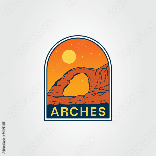 arches national park logo vector illustration design. sunset on the natural american symbol