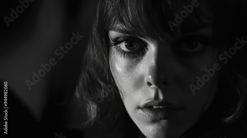 Dramatic close-up in British New Wave style, capturing the essence of personal struggles