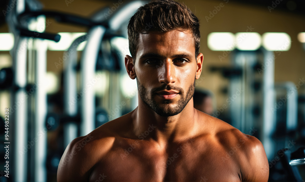 A man with a determined look stands in a gym, ready to workout A man with a determined look stands in a gym, ready to workout