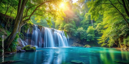 A serene waterfall in a lush forest with clear blue water and floating leaves, waterfall, lush forest, clear water, blue