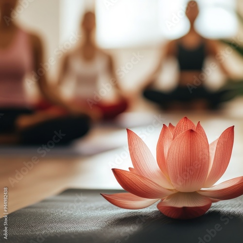 Woman, lotus and meditation in yoga class with group for spiritual wellness, relax and zen on floor mat. Yogi, people and concentration in health studio for holistic