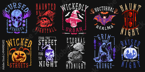 Halloween streetwear graphic t-shirt designs bundle, spooky fall t shirt design for print, dark art and creepy halloween