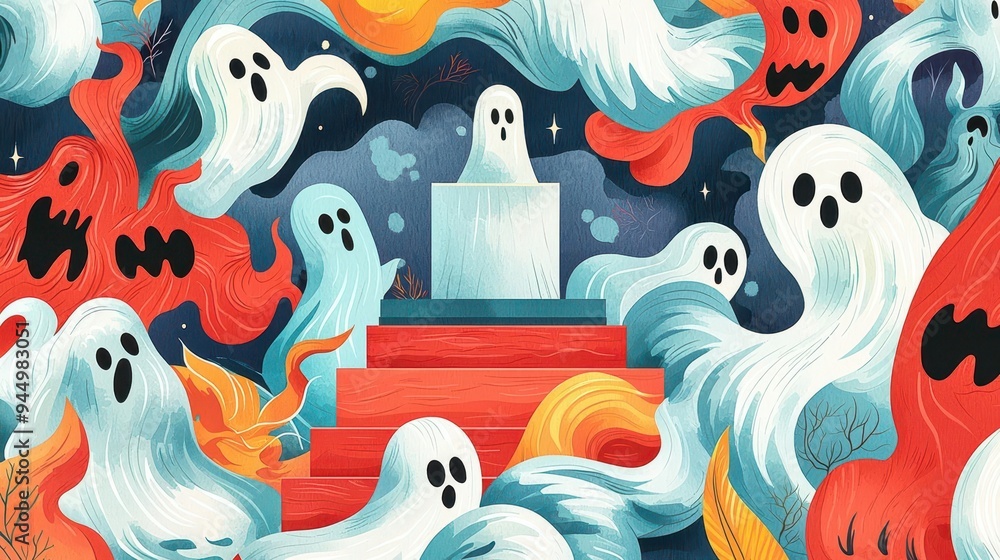 Podium surrounded by swirling ghosts, flat design, top view, ghost theme, watercolor, vivid Podium surrounded by swirling ghosts, flat design, top view, ghost theme, watercolor, vivid