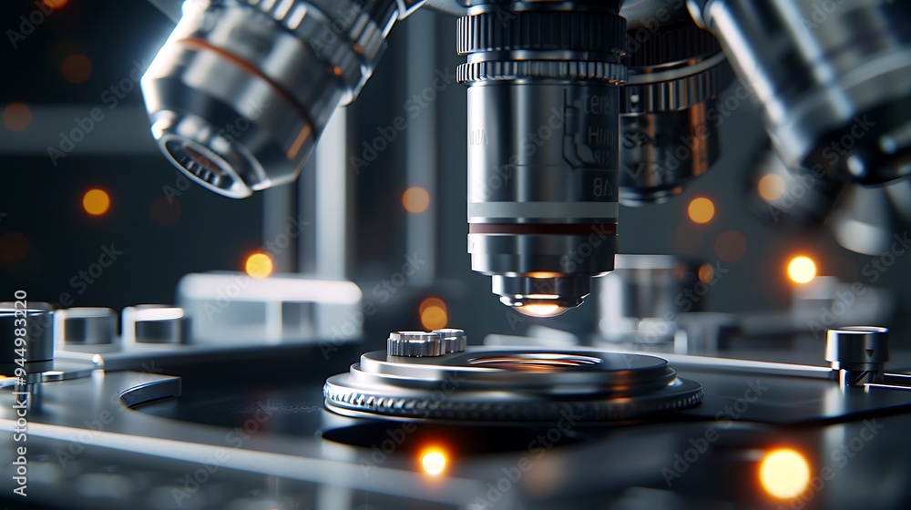 Detailed view of a microscope's metal lens, emphasizing its optical components and scientific functionality, captured with clarity in high-definition Detailed view of a microscope's metal lens, emphasizing its optical components and scientific functionality, captured with clarity in high-definition