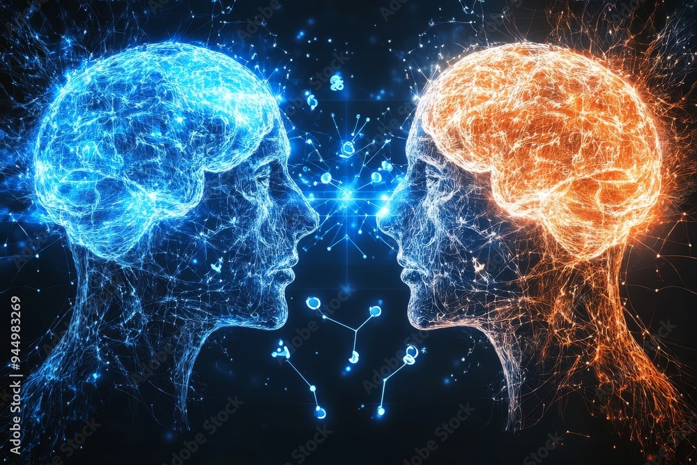 Intensely glowing blue and pink brains indicating a dynamic and emotional cognitive exchange Intensely glowing blue and pink brains indicating a dynamic and emotional cognitive exchange