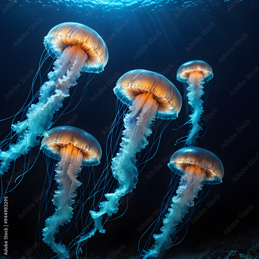 Glowing jellyfish in deep blue ocean, illuminating their surroundings, underwater glowtime, captivating and surreal marine life.
