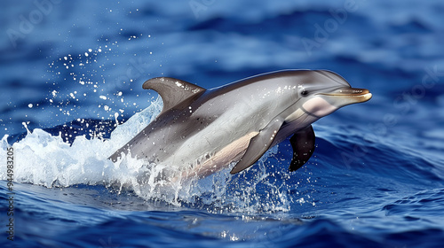 Dolphin portrait while looking at you with open mouth. Dolphins Jumping From The Sea. Playful dolphins jumping over breaking waves. Hawaii Pacific Ocean wildlife scenery. Marine animals in natural. 