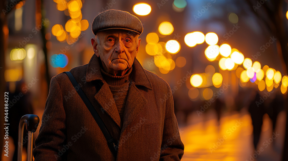 Elderly Man Walking in the City at Night Elderly Man Walking in the City at Night