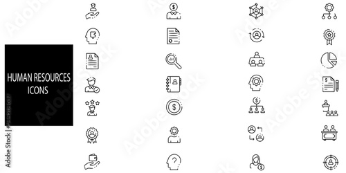 Human resources simple concept 28 icons set. Contains such business process, team work, personnel management, HR, staff rotation, coaching.Vector illustration.