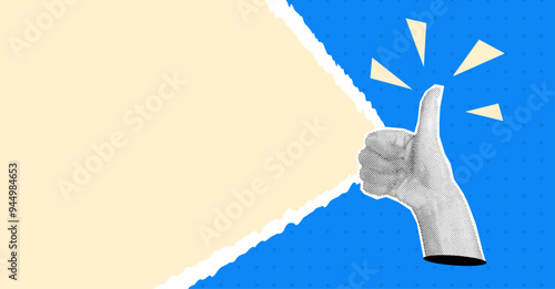 Finger thump up in halftone collage style. Pop art banner with empty space. Trendy vector newspaper poster on torn paper background
