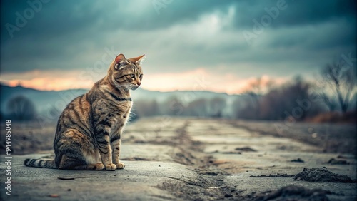 Lonely cat sitting in dreary landscape, staring sadly at desolate scenery photo