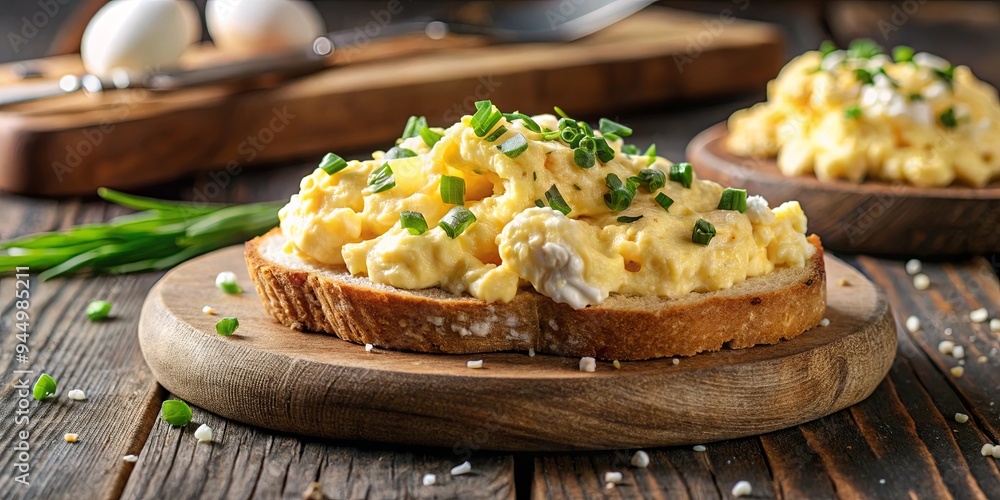 Creamy eggs topped with cream cheese and a sprinkle of salt on a rustic background Creamy eggs topped with cream cheese and a sprinkle of salt on a rustic background