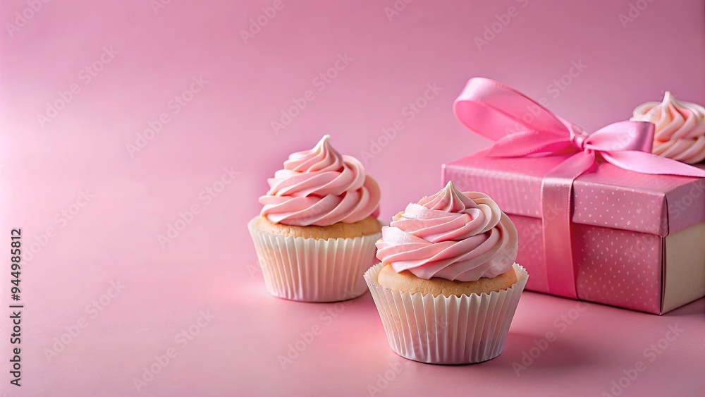 Pink cupcakes gift box on pink background Pink cupcakes gift box on pink background