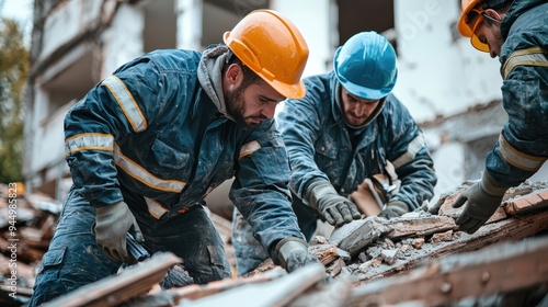 Men in protective uniforms and hardhats removing pieces of broken building during rescue mission after earthquake