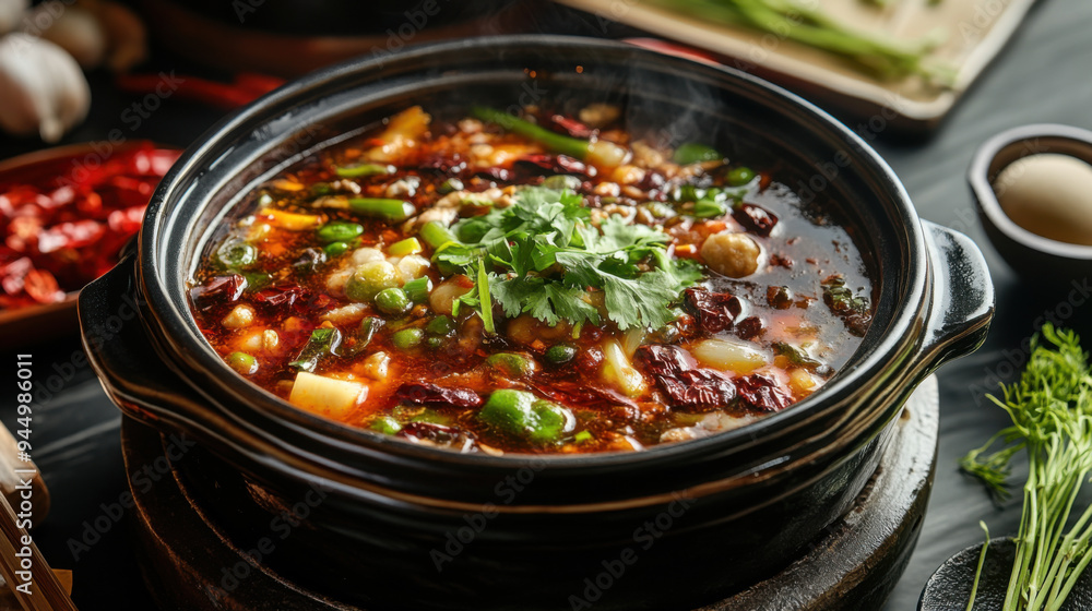 Elegant food photography featuring a spicy hotpot in a simple yet luxurious dark porcelain