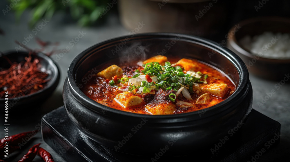 Elegant, high-quality food photography of a spicy hotpot in a sleek dark porcelain bowl, Elegant, high-quality food photography of a spicy hotpot in a sleek dark porcelain bowl,