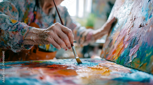 Senior Artist Painting on Canvas in Studio