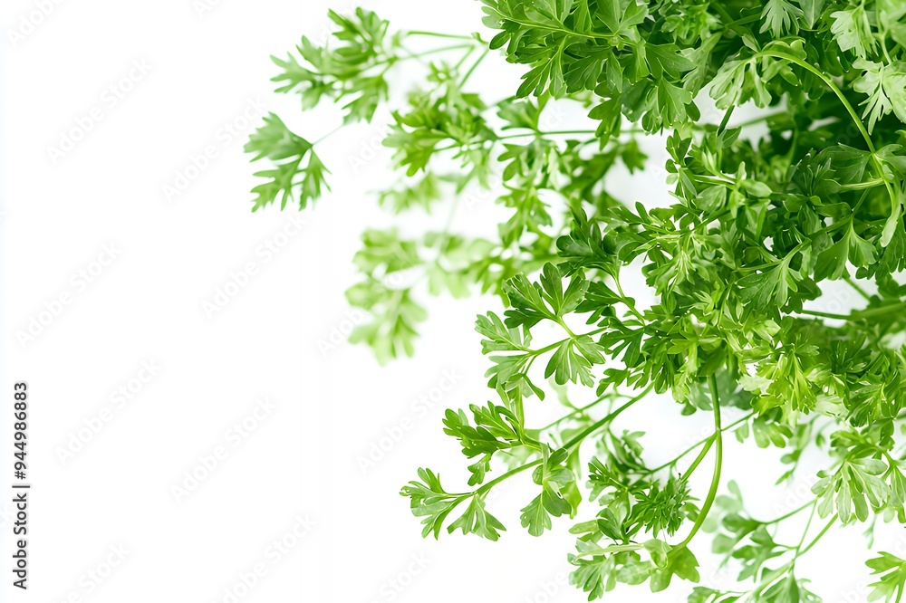 Fresh green cilantro leaves arranged against a white background. Fresh green cilantro leaves arranged against a white background.